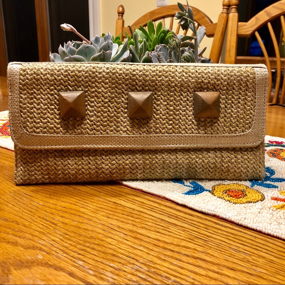 SOLD! Straw woven clutch with wood stud detail